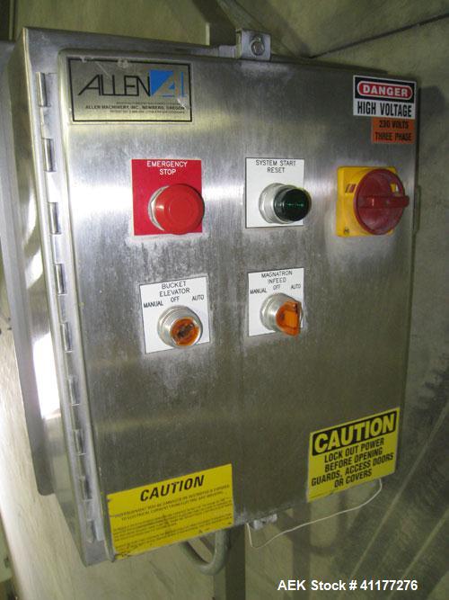 Used Allen Machinery Inclined "Z" Shaped Cleated BeltConveyor, Type BC, Model F7099-11. Rated to 5000 pounds an hour. Stainless steel frame. 18" wide x 4" tall cleated plastic belt on 8’’ centers. 60...
