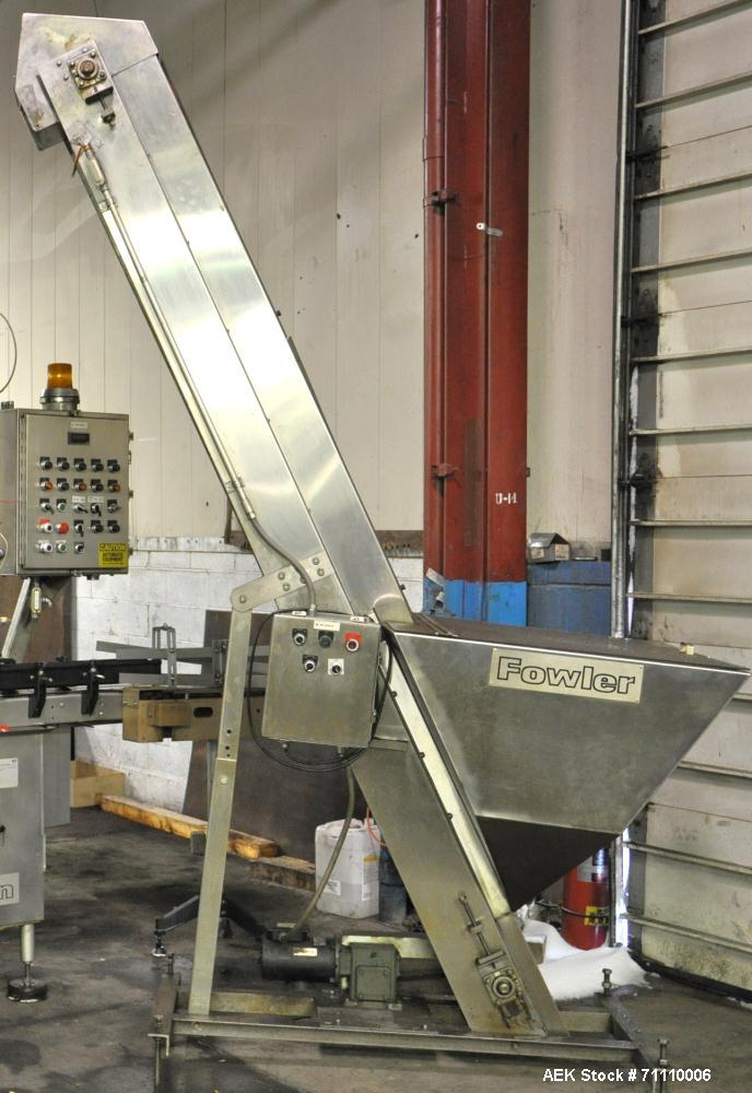 Used Fowler Inclinded Hopper Feeder Conveyor, Stainless Steel.  Hopper 40" high x 40" wide x 24" deep.