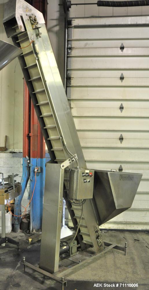 Used Fowler Inclinded Hopper Feeder Conveyor, Stainless Steel.  Hopper 40" high x 40" wide x 24" deep.