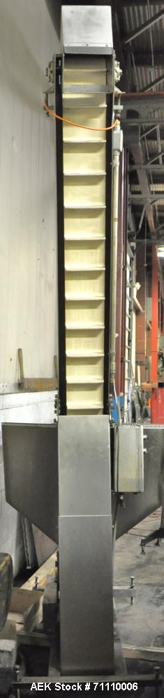Used Fowler Inclinded Hopper Feeder Conveyor, Stainless Steel.  Hopper 40" high x 40" wide x 24" deep.