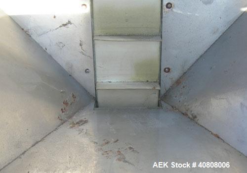 Used Hoppmann Elevating Prefeeder, model EP, Series 8, 304 stainless steel. 8" wide rubber belt with 2" pleats placed approximately 6" apart. Approximate 48" discharge height. 43 1/2" x 42" x 27" dee...