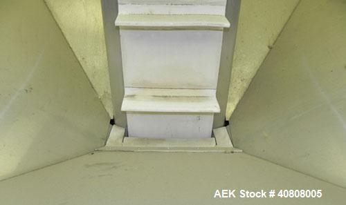 Used Cap Conveyor/Elevator, 304 Stainless Steel. 10" Wide rubber belt with 3" pleats placed approximately 8" apart. Approximate 86" discharge height. 44" x 44" x 35" deep hopper with bolt on plastic ...