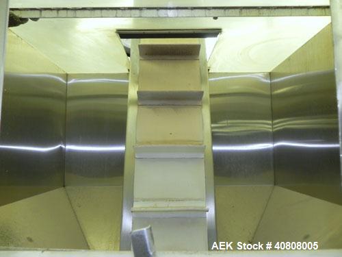 Used Cap Conveyor/Elevator, 304 Stainless Steel. 10" Wide rubber belt with 3" pleats placed approximately 8" apart. Approximate 86" discharge height. 44" x 44" x 35" deep hopper with bolt on plastic ...