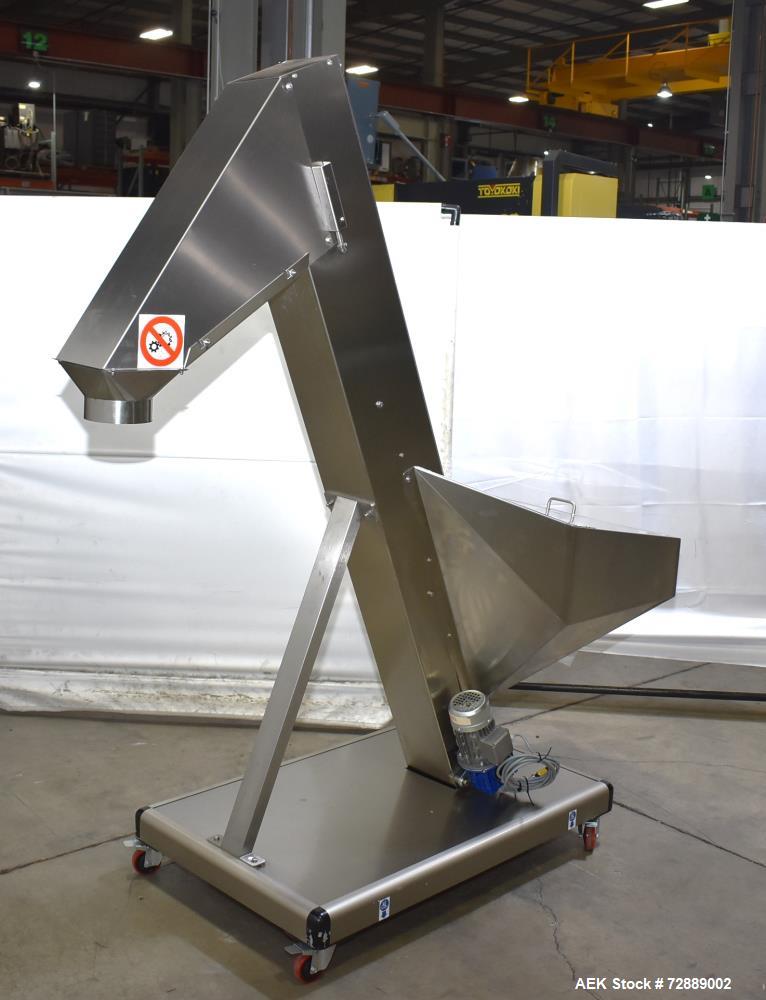 Used- SARG Incline Belt Conveyor. Stainless steel construction. Hopper. Cleated belt, approximate 8" wide x 5-1/2" center x ...