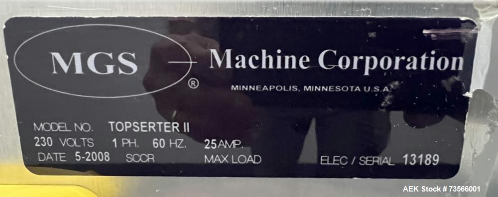 Used MGS Machine TopSerter II Rotary Pick & Place Coupon Feeder, Serial# 13189, Year 2008. With Nordson ProBlue 4 Glue System, vacuum pump, Allen-Bradley PanelView Plus HMI, 1/60/230V.