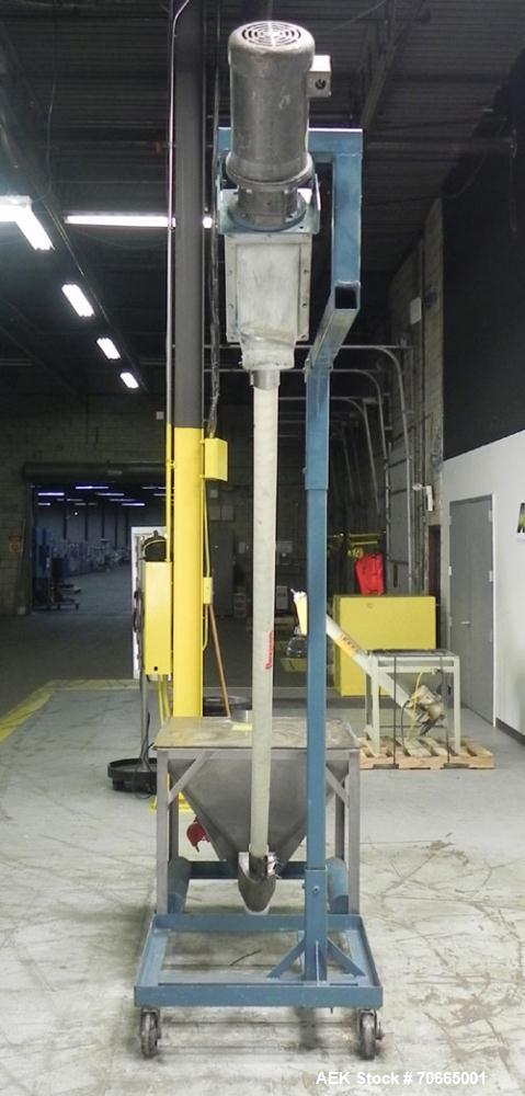 Used Flexicon Model Mobile Sanitary Flexible Screw Conveyor. Conveyor tubing is 3.5" diameter. Screw is driven by a 2 hp, 1140 rpm motor. Has 8 cubic foot hopper. Has 8' tall discharge height. Has st...