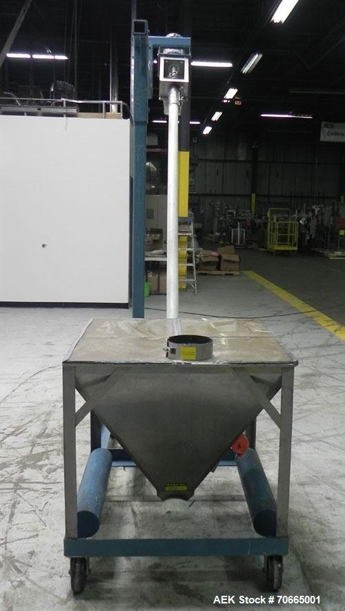 Used Flexicon Model Mobile Sanitary Flexible Screw Conveyor. Conveyor tubing is 3.5" diameter. Screw is driven by a 2 hp, 1140 rpm motor. Has 8 cubic foot hopper. Has 8' tall discharge height. Has st...