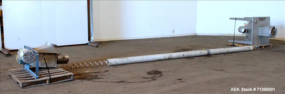 Used Flexicon Flexible Screw Conveyor, 304 Stainless Steel. Approximate 5" diameter x 252" long screw. Driven by a 10hp, 3/60/208-230/460 volt, 1760 rpm gear motor, 7.5 to 1 ratio. Feed hopper 36" x ...
