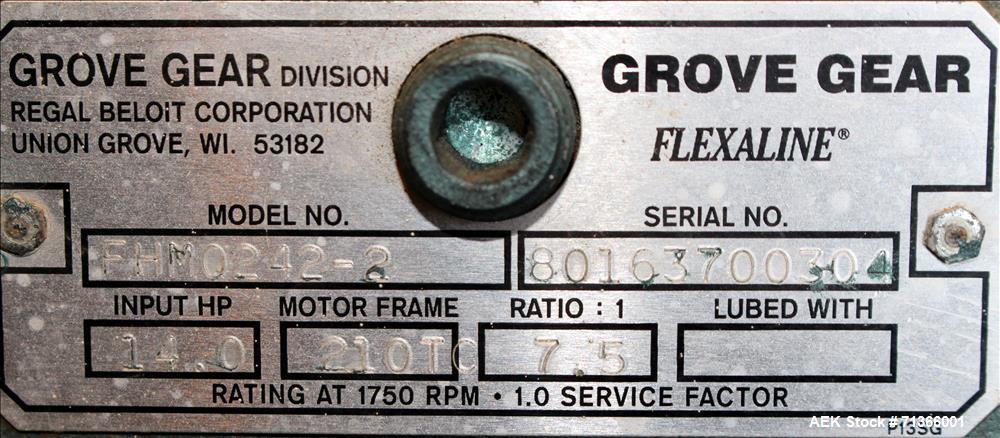 Used Flexicon Flexible Screw Conveyor, 304 Stainless Steel. Approximate 5" diameter x 252" long screw. Driven by a 10hp, 3/60/208-230/460 volt, 1760 rpm gear motor, 7.5 to 1 ratio. Feed hopper 36" x ...
