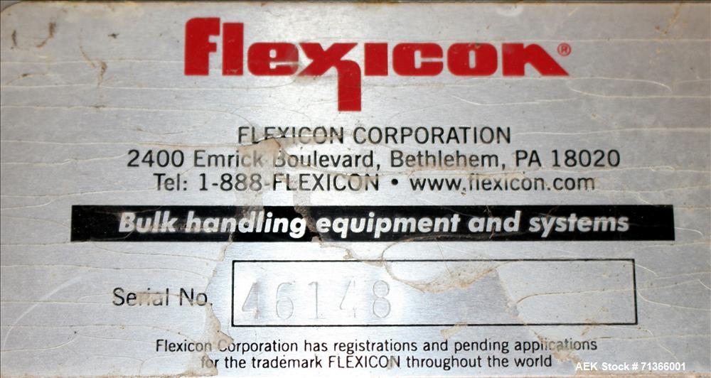 Used Flexicon Flexible Screw Conveyor, 304 Stainless Steel. Approximate 5" diameter x 252" long screw. Driven by a 10hp, 3/60/208-230/460 volt, 1760 rpm gear motor, 7.5 to 1 ratio. Feed hopper 36" x ...