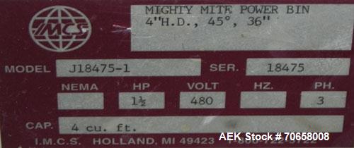 Used IMCS Model Mighty Mite Solid Core Auger Screw Feeder. Has 4" diameter screw 36" long. Carbon steel screw on 45 degree angle. Has 5" x 5" opening. Has 4 cubic foot hopper capacity. Has 1.5 hp, 17...