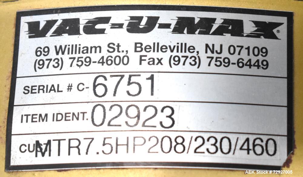 Unused- Vac-U-Max 7.5HP Positive Displacement Vacuum Pump for Pneumatic Conveyors. Approximate 145 CFM at 7 psi. Tuthill model 4005-A6L2CV1-A rotary positive displacement blower. Driven by 7.5hp, 3/6...