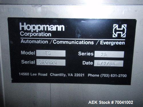 Used Hoppmann Corporation Centrifugal Bowl Feeder, Model FS/25, Stainless Steel. Includes a Hoppmann live bottom prefeeder, model LB-03. Approximate rating up to 325 vials per minute. Mounted on a st...