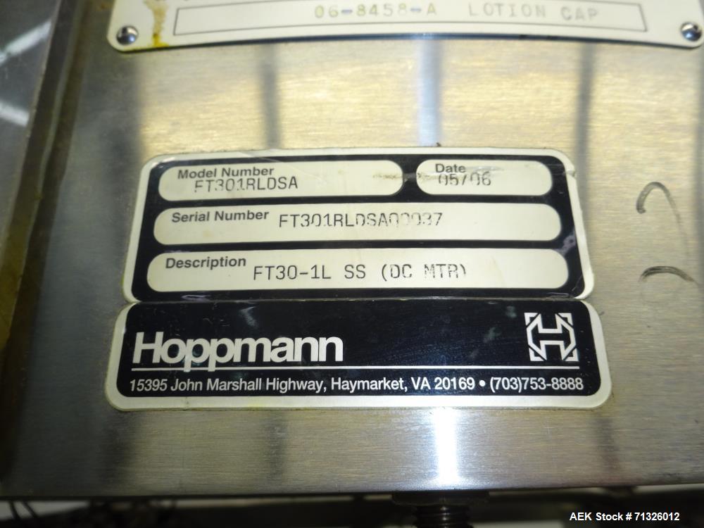 Used- Hoppmann Model FT301RLDSA Centrifugal Bowl Feeder. Is of stainless steel construction. Uses an Allen Bradley MicroLogi...