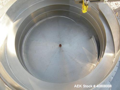 Used Vibratory Parts Feeder, 304 stainless steel. 20'' diameter x 9'' deep feed pan. Mounted on a 23'' tall table.