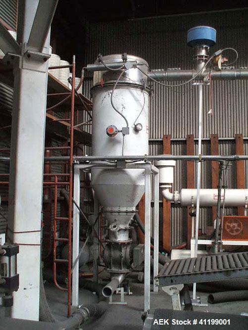 Used Plastic Pellet Packaging System, 25,000 pounds of poly pellets per hour. Includes the following equipment: Rage vacuum filter; Rage vacuum blower; 12' heavy duty cast iron rotary airlock valve w...