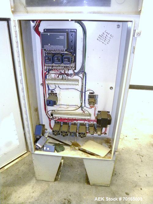 Used Bemis Bulk Bag Weigh Scale Filler, Model 6134E95, carbon steel. Includes bag clamp and panel. Approximate capacity of filling up to 50 pound bags.