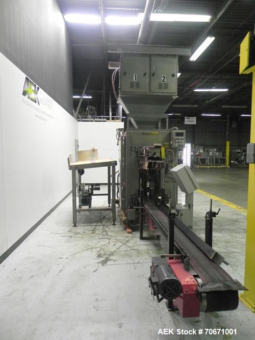 Used- Bemis Model 7115E168 Bag Filler with Model 6162A2 Duplex Net Weigh Scale & automated Bemis bag placer with blank bag m...