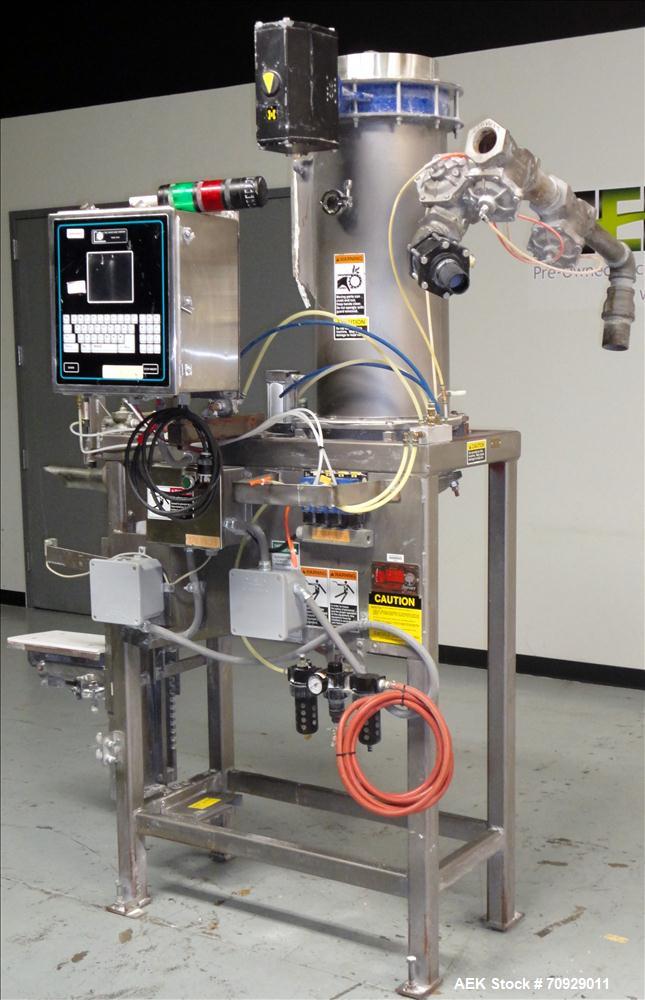 Used Chantland 4210 Air Valve Bag Packer capable of speeds up to (8) 50 lb bags per minute. Weight ranges: 25 lb to 110 lb bags. Includes bag conveyor. Has Rice Lake load cell with preset digital con...