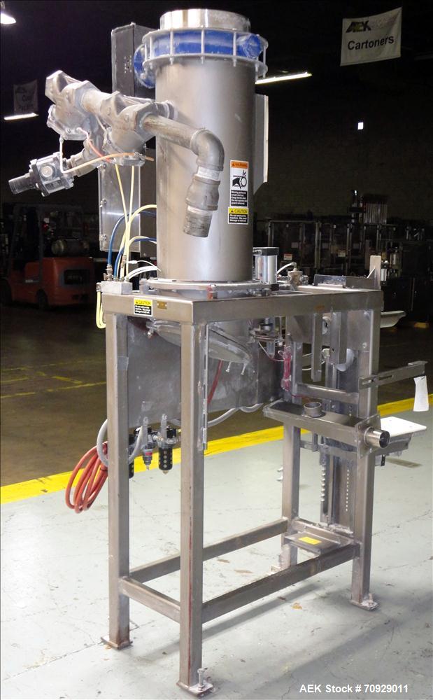 Used Chantland 4210 Air Valve Bag Packer capable of speeds up to (8) 50 lb bags per minute. Weight ranges: 25 lb to 110 lb bags. Includes bag conveyor. Has Rice Lake load cell with preset digital con...