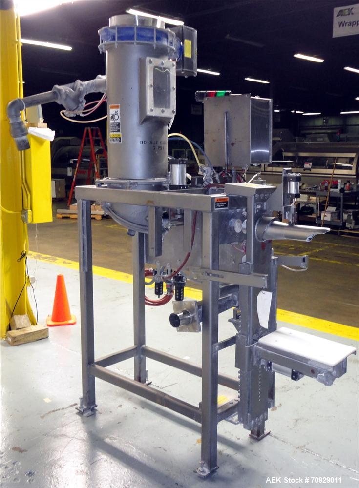 Used Chantland 4210 Air Valve Bag Packer capable of speeds up to (8) 50 lb bags per minute. Weight ranges: 25 lb to 110 lb bags. Includes bag conveyor. Has Rice Lake load cell with preset digital con...