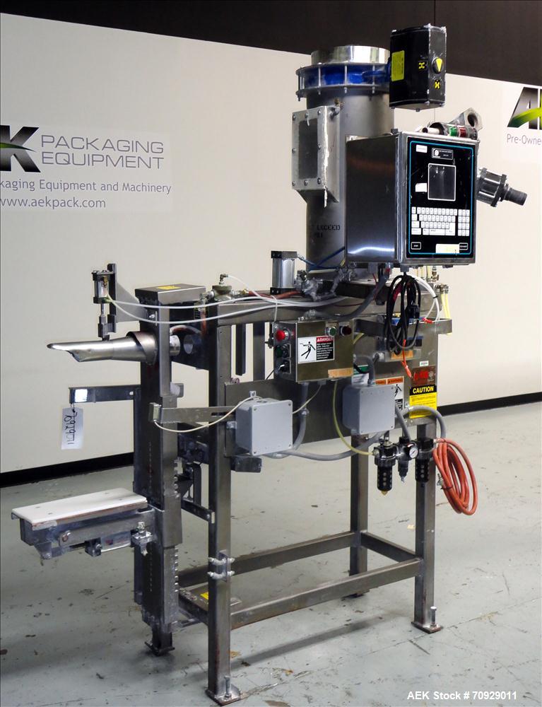 Used Chantland 4210 Air Valve Bag Packer capable of speeds up to (8) 50 lb bags per minute. Weight ranges: 25 lb to 110 lb bags. Includes bag conveyor. Has Rice Lake load cell with preset digital con...