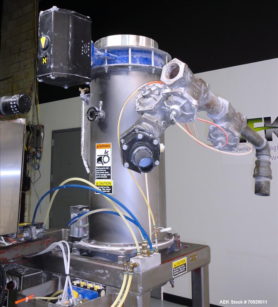 Used Chantland 4210 Air Valve Bag Packer capable of speeds up to (8) 50 lb bags per minute. Weight ranges: 25 lb to 110 lb bags. Includes bag conveyor. Has Rice Lake load cell with preset digital con...