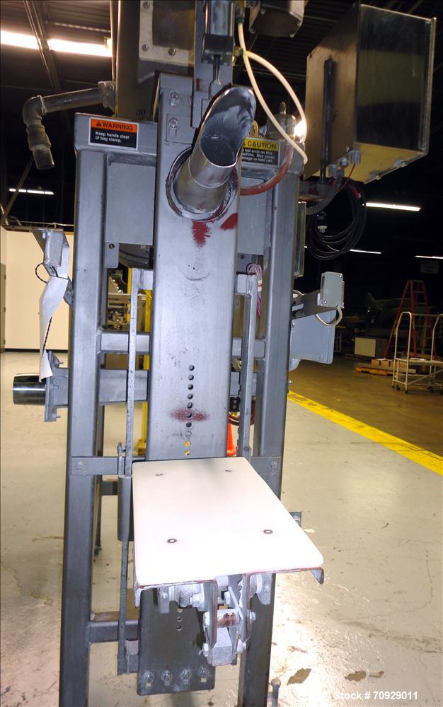 Used Chantland 4210 Air Valve Bag Packer capable of speeds up to (8) 50 lb bags per minute. Weight ranges: 25 lb to 110 lb bags. Includes bag conveyor. Has Rice Lake load cell with preset digital con...