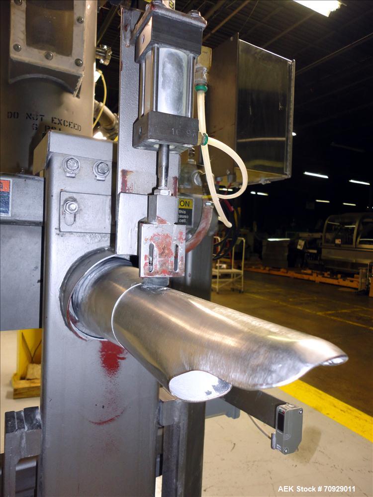 Used Chantland 4210 Air Valve Bag Packer capable of speeds up to (8) 50 lb bags per minute. Weight ranges: 25 lb to 110 lb bags. Includes bag conveyor. Has Rice Lake load cell with preset digital con...