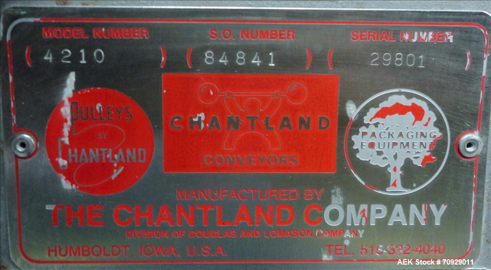 Used Chantland 4210 Air Valve Bag Packer capable of speeds up to (8) 50 lb bags per minute. Weight ranges: 25 lb to 110 lb bags. Includes bag conveyor. Has Rice Lake load cell with preset digital con...