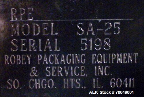 Used Robey Packaging Equipment Auger Bag Filler, Model SA 25.Designed as an auger valve bag packerwith a right angle discharge down spoutand bag clamps for open mouth bag filling.Foot pedal swithced ...