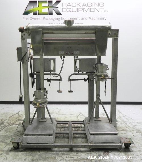 Used Fairbanks Model 41-3132 Double Head Bag Filling and Weighing Machine. Has (2) Fairbanks model 41-3132 scales with capacities of up to 1,000lbs. Filler powered by (1) Baldor 3/4 hp 1140 rpm motor...