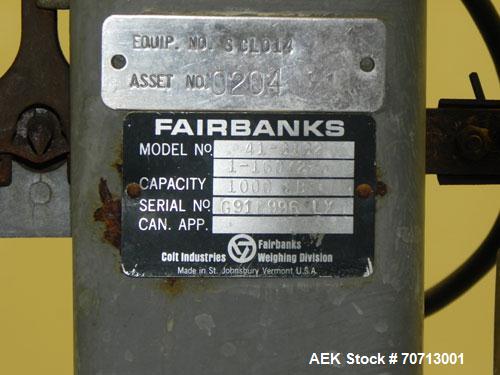 Used Fairbanks Model 41-3132 Double Head Bag Filling and Weighing Machine. Has (2) Fairbanks model 41-3132 scales with capacities of up to 1,000lbs. Filler powered by (1) Baldor 3/4 hp 1140 rpm motor...