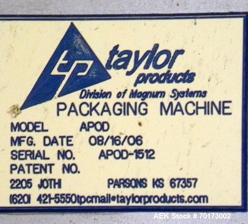 Used Taylor Products TOMP Open Mouth Bag Hanger with APO Bulk Bag Filling Line. Machine is capable of speeds up to 15 bags per minute. Can run paper or poly bags with 300 count magazine. Has a model ...