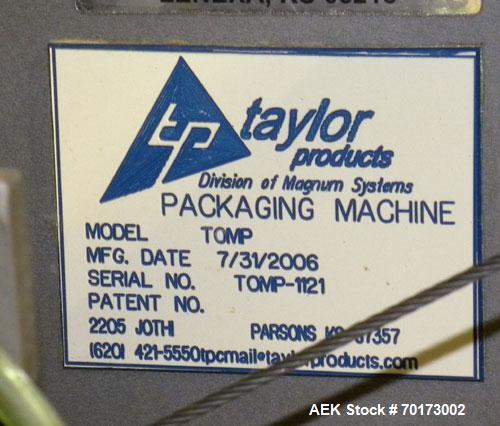 Used Taylor Products TOMP Open Mouth Bag Hanger with APO Bulk Bag Filling Line. Machine is capable of speeds up to 15 bags per minute. Can run paper or poly bags with 300 count magazine. Has a model ...