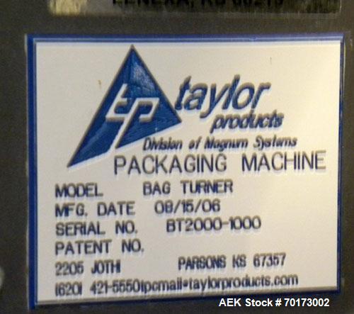 Used Taylor Products TOMP Open Mouth Bag Hanger with APO Bulk Bag Filling Line. Machine is capable of speeds up to 15 bags per minute. Can run paper or poly bags with 300 count magazine. Has a model ...