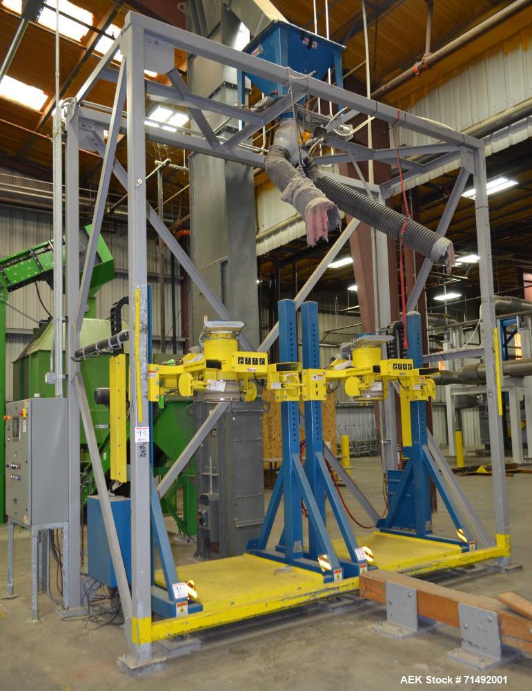 Used Flexicon Bulk Bag Filling System Consisting Of: (2) Twin-Centerpost Bulk Bag Fillers, carbon steel. Manual fill head height adjustment, pneumatically retractable bag hooks, inflatable connector ...