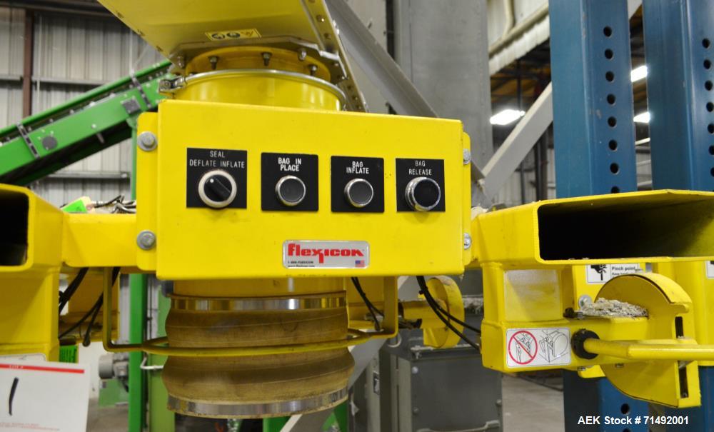 Used Flexicon Bulk Bag Filling System Consisting Of: (2) Twin-Centerpost Bulk Bag Fillers, carbon steel. Manual fill head height adjustment, pneumatically retractable bag hooks, inflatable connector ...
