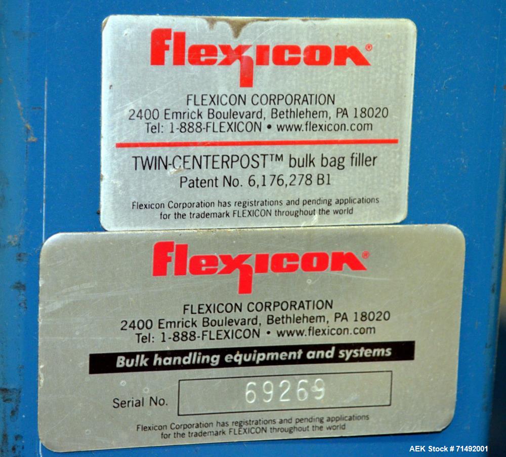 Used Flexicon Bulk Bag Filling System Consisting Of: (2) Twin-Centerpost Bulk Bag Fillers, carbon steel. Manual fill head height adjustment, pneumatically retractable bag hooks, inflatable connector ...