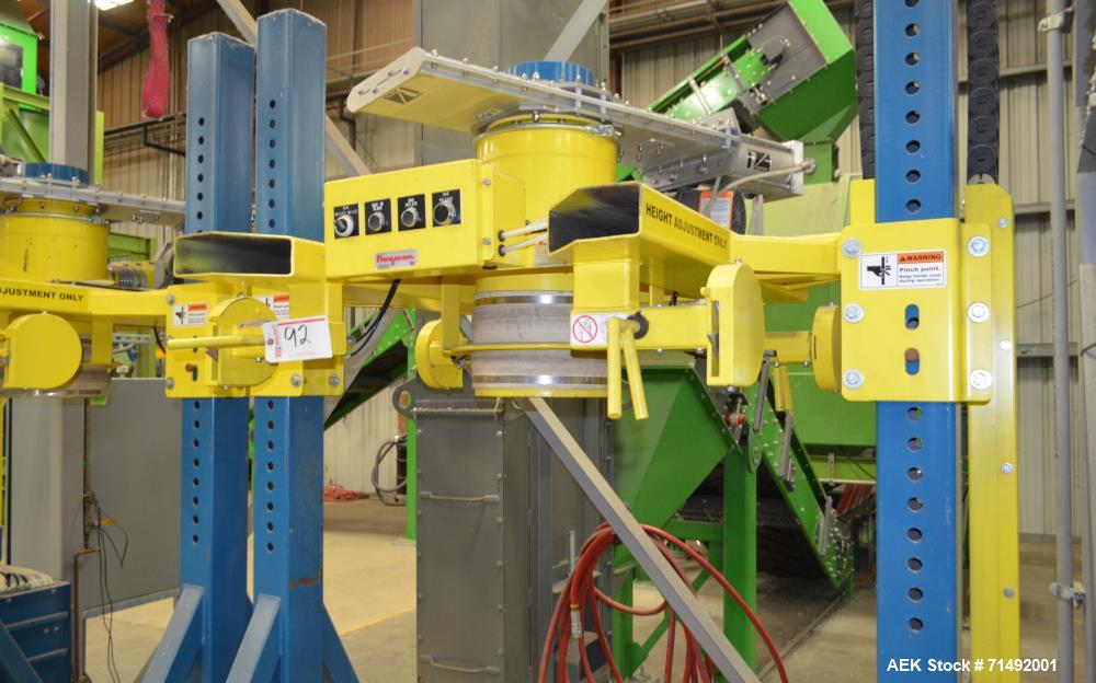 Used Flexicon Bulk Bag Filling System Consisting Of: (2) Twin-Centerpost Bulk Bag Fillers, carbon steel. Manual fill head height adjustment, pneumatically retractable bag hooks, inflatable connector ...