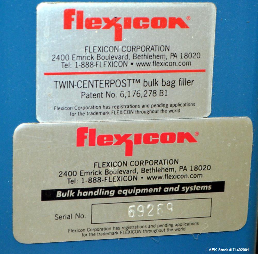 Used Flexicon Bulk Bag Filling System Consisting Of: (2) Twin-Centerpost Bulk Bag Fillers, carbon steel. Manual fill head height adjustment, pneumatically retractable bag hooks, inflatable connector ...