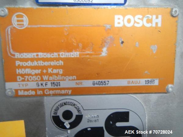 Used Bosch encapsulator, model GKF1500, presently set up with size 3 change parts, 3558 hours on meter, serial# 640557, 1986.