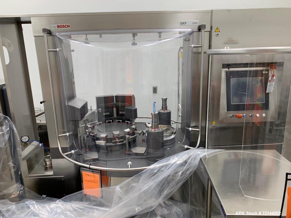 Used Bosch GKF 2500 Capsule Filler with Integrated KKE 2500 Checkweigher (sold only as a system). Last running powders. A buyers premium of 18% will be assessed in addition to the sales price.
