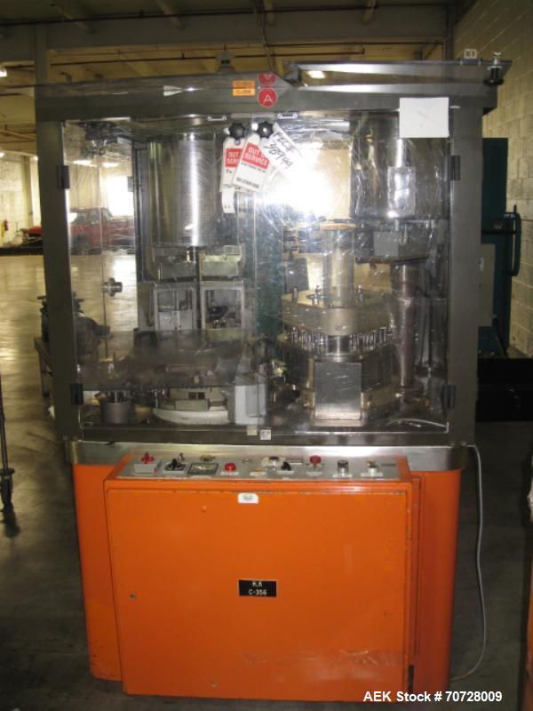 Used Bosch GKF1200 Capsule Filling Machine (encapsulator) rated for up to 72,000 capsules per hour 1200 capsules per minute. Capsule size range: 00 - 5 with required change parts.  Currently set up o...