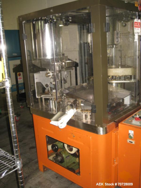 Used Bosch GKF1200 Capsule Filling Machine (encapsulator) rated for up to 72,000 capsules per hour 1200 capsules per minute. Capsule size range: 00 - 5 with required change parts.  Currently set up o...
