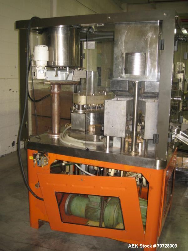 Used Bosch GKF1200 Capsule Filling Machine (encapsulator) rated for up to 72,000 capsules per hour 1200 capsules per minute. Capsule size range: 00 - 5 with required change parts.  Currently set up o...