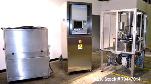 Used MG2 Futura automatic capsule filler capable of speeds up to 48,000 capsules per hour. Can run capsule sizes from 000 to 5, including tamper evident with proper changeparts. Currently haas change...