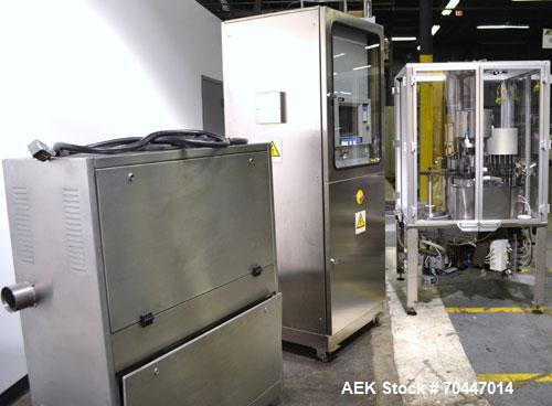 Used MG2 Futura automatic capsule filler capable of speeds up to 48,000 capsules per hour. Can run capsule sizes from 000 to 5, including tamper evident with proper changeparts. Currently haas change...