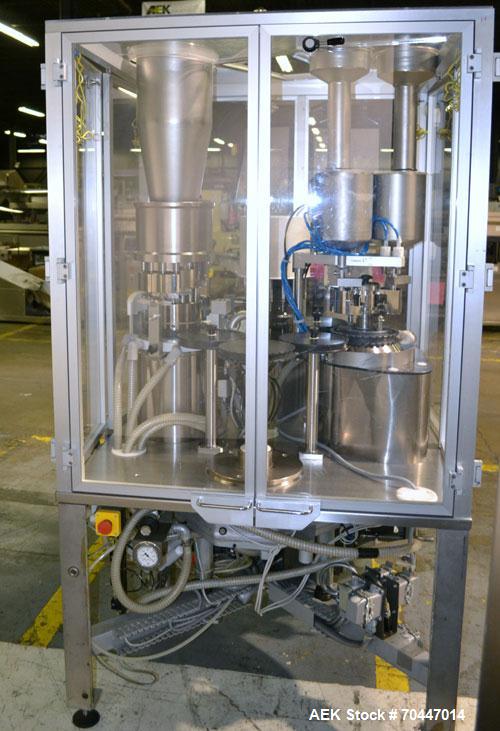 Used MG2 Futura automatic capsule filler capable of speeds up to 48,000 capsules per hour. Can run capsule sizes from 000 to 5, including tamper evident with proper changeparts. Currently haas change...