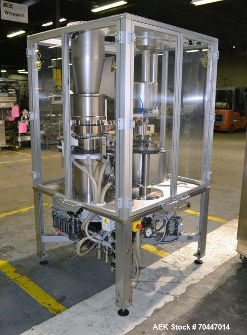 Used MG2 Futura automatic capsule filler capable of speeds up to 48,000 capsules per hour. Can run capsule sizes from 000 to 5, including tamper evident with proper changeparts. Currently haas change...